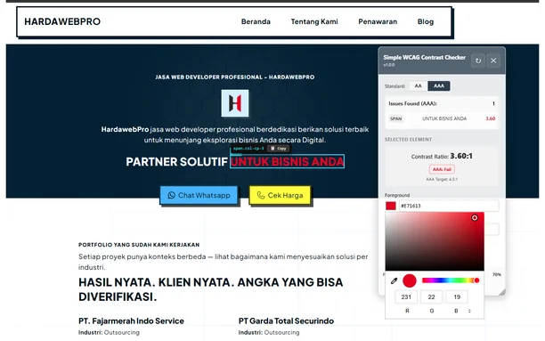 Screenshot Simple WCAG Contrast Checker di Chrome Web Store