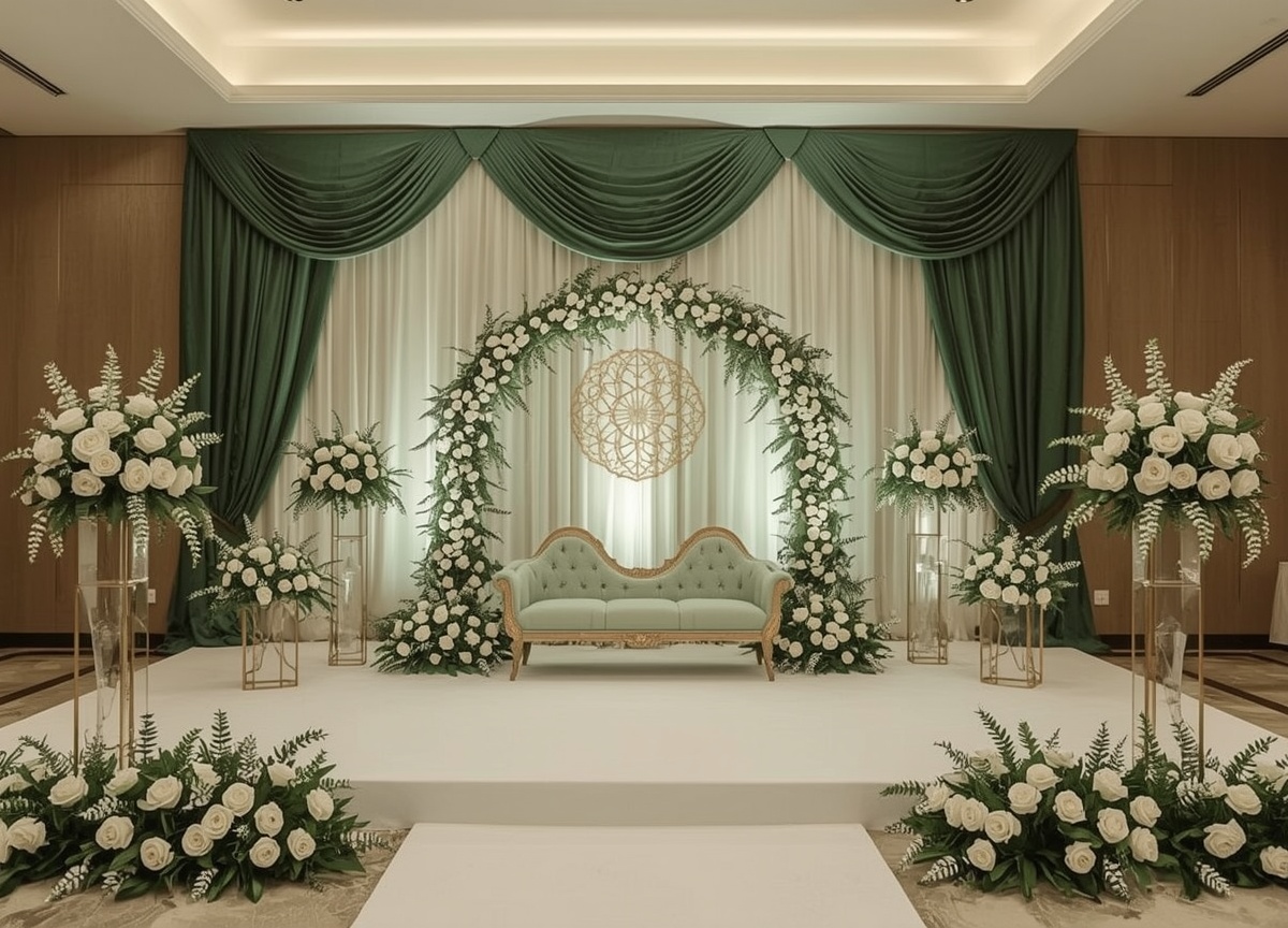 Dekorasi akad nikah Islami bernuansa emerald dan gold
