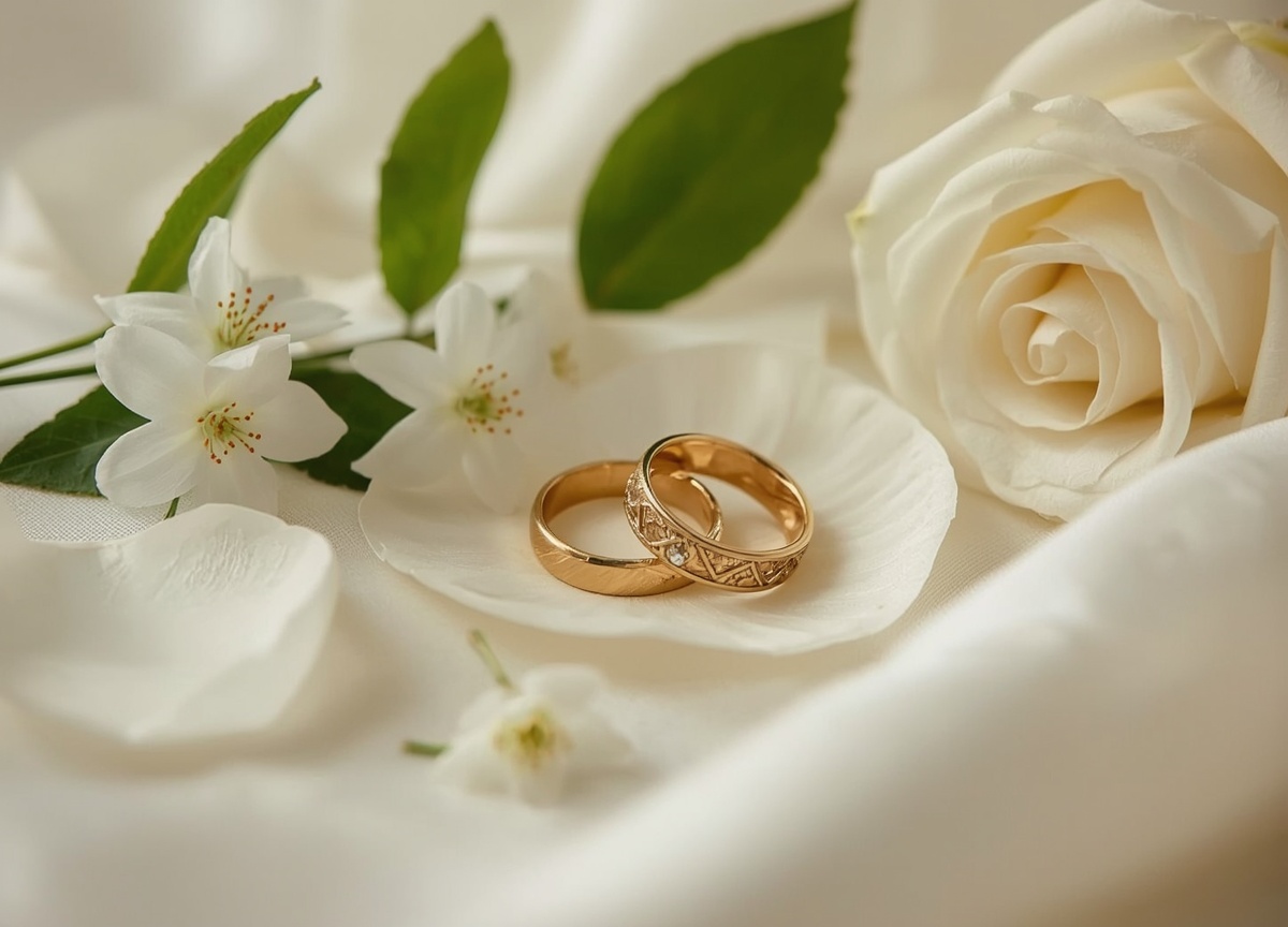 Cincin pernikahan dan bunga putih